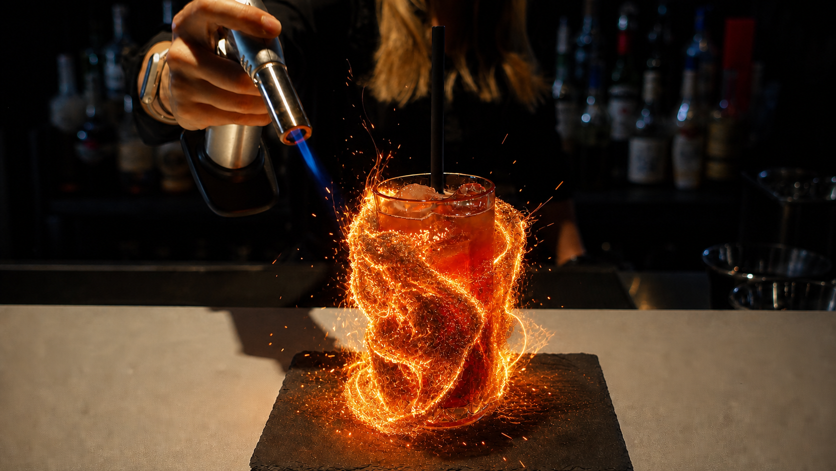 Barkeeperin flambiert beim Cocktailkurs von THE SPACE einen Drink