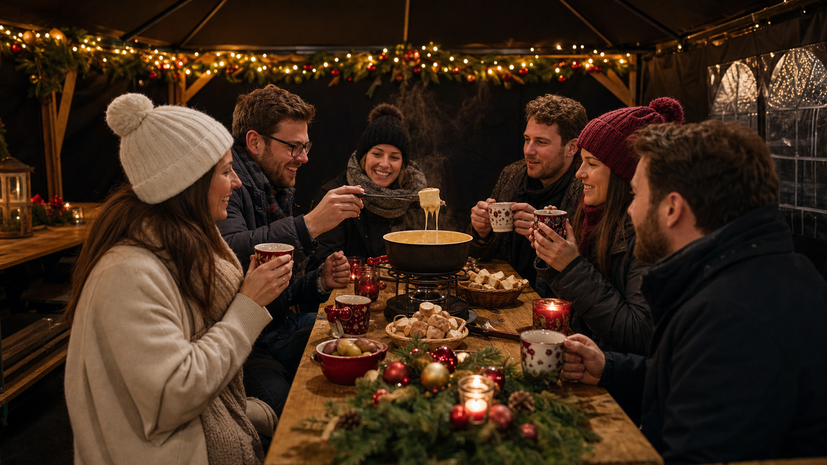 Schweizer Käse-Fondue im beheizten Zelt auf dem Weihnachtsmarkt