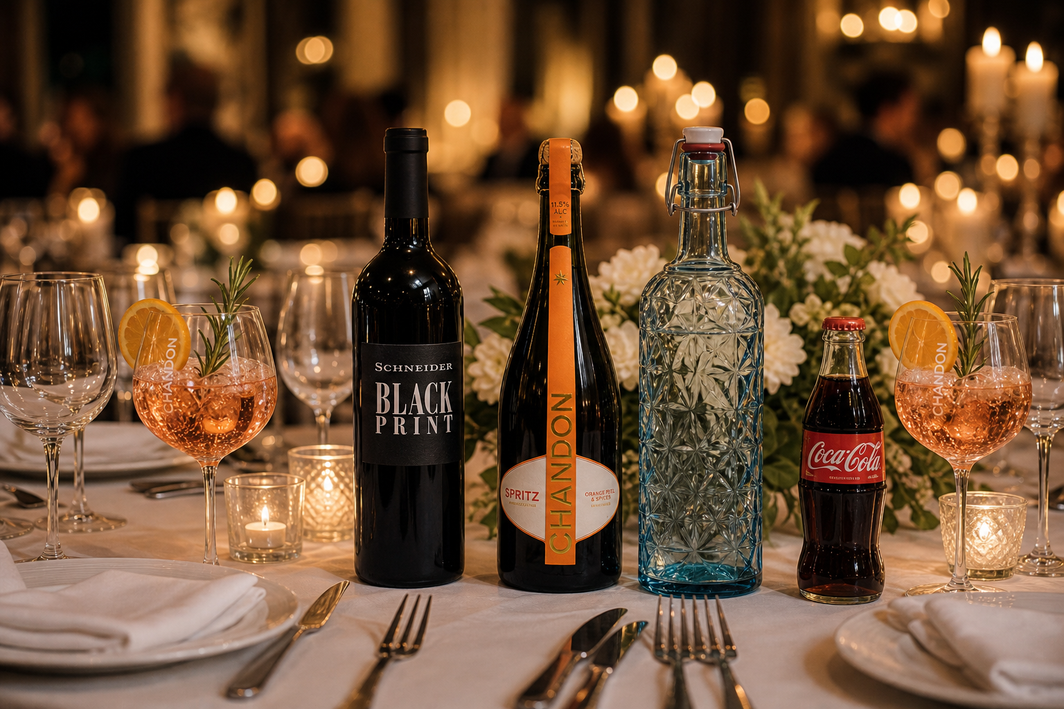 Gedeckter Tisch mit Wein, Chandon Spritz, Softdrinks und Wasser bei einem Event von THE SPACE
